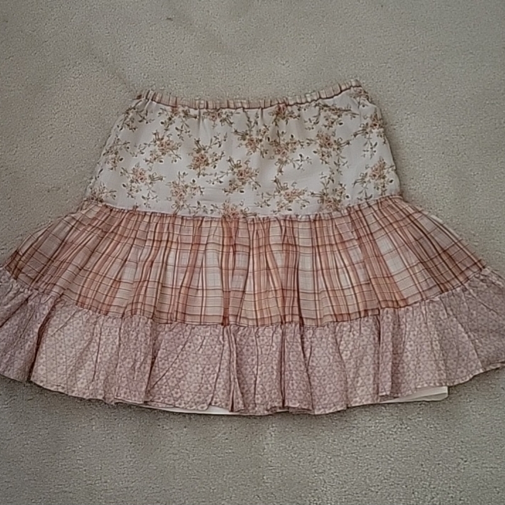 Mango Silk Floral and Plaid Boho Skater Skirt Sz S